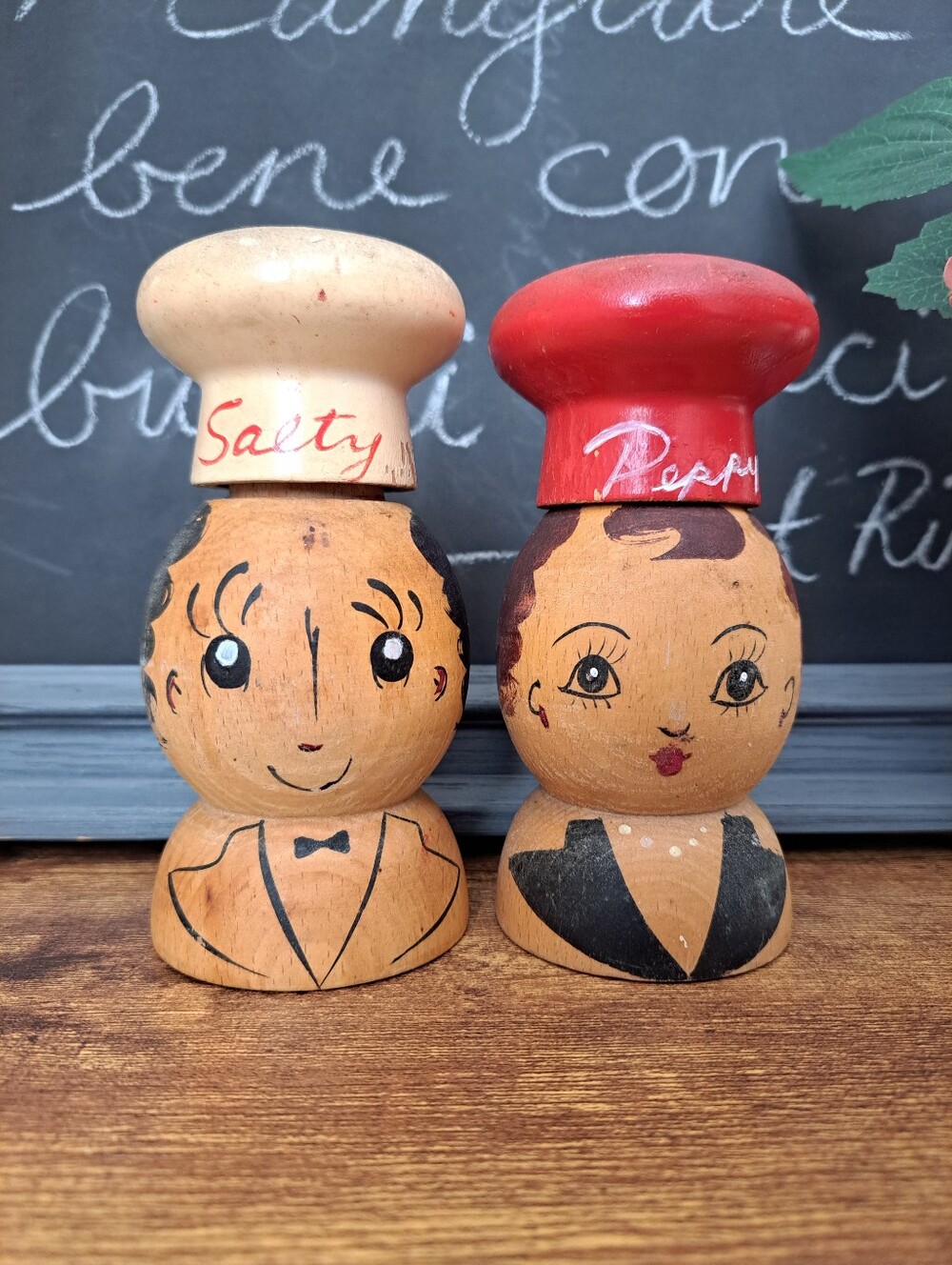 Vintage Wood Volco Brand Japan Salty & Peppy Shaker Set Kitsch Retro Decor